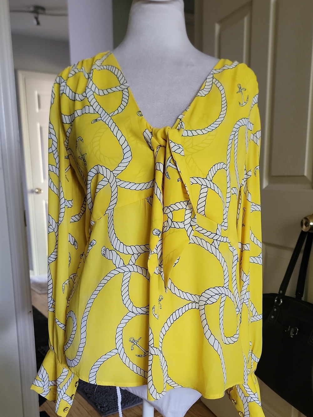 CAbi Yellow Rope-Print Tie-Neck Blouse